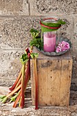 Candle lantern wrapped in rhubarb leaf on wooden block