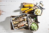 Oven roasted trout with corn cobs and sweetcorn purée (seen above)