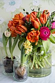 Orange tulips and pin ranunculus in glass vase next to hyacinth and tulips planted in glass pots