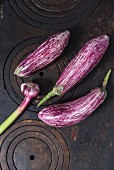 Striped aubergines and fresh garlic on a cast-iron stove