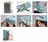 Instructions for covering the housing of a chest of drawers with patterned paper