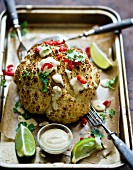 Gratinated cauliflower with red peppers and mustard dip