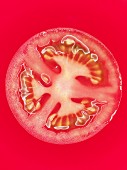 Aufgeschnittene rote Tomate vor rotem Hintergrund, Close-Up
