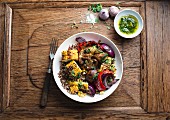 Quinoa with grilled vegetables and herb oil