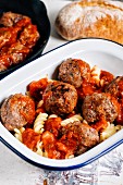 Fusilli pasta with meatballs and tomato sauce
