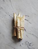 A bundle of white asparagus tied with kitchen twine