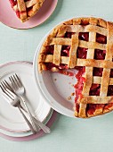 Strawberry and rhubarb lattice pie (seen from above)