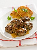 Polpettine speziate e frittelle di pane (spicy meatballs with bread fritters, Italy)