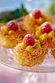 Kadaif nests with lemon cream and raspberries