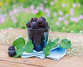 Blackberries, blackberry leaves and gypsophila on a garden table