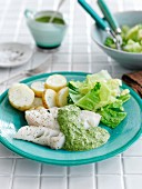 Grilled cod with a cress sauce and potatoes