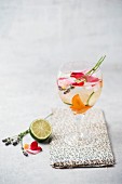 Water flavoured with apricots, lavender, lime and rose petals