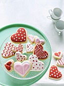 Heart-shaped biscuits with red and white icing