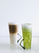 An iced cafe latte and an iced matcha latte