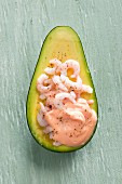 An avocado filled with prawns