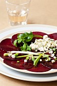 Beetroot carpaccio with spring onions and blue cheese