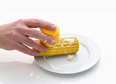 A hand holding a Spredo butter spreader with an integrated salt shaker on a corn cob