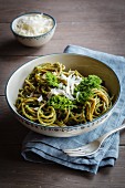 Wholemeal spelt pasta with savoy cabbage, hazelnut pesto and Parmesan cheese