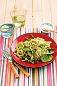 Linguine with green asparagus, baby spinach and basil pesto