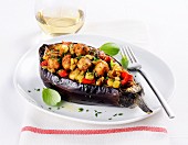 Stuffed aubergine with vegetables and meatballs