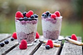 Two glasses of chia pudding with blueberries and raspberries on a table outside