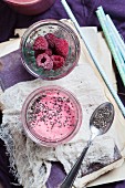 A vegan raspberry smoothie with chia seeds (seen from above)