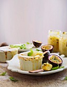 White chocolate, yoghurt and coconut pudding with passion fruit sauce