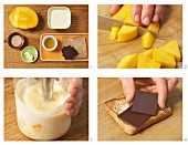Chocolate on toast with mango yoghurt being made