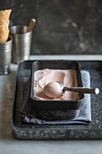 Grapefruit sorbet with an ice cream scoop in a container