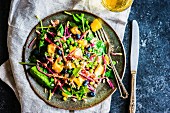 Sommerlicher Regenbogensalat mit Spinat, Mango, Wicken, Wassermelonenrettich, Heidelbeeren, Blauschimmelkäse und Himbeersauce