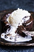 Lava cake with hot chocolate and vanilla ice cream