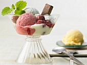 An ice cream sundae with three types of ice cream