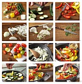 Colourful fried courgettes and peppers with sheep's cheese being made