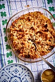 Pasta bake with a meat sauce and a crispy bread crust