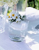 Sommerliche Tischdeko mit Schwimmkerze und Margeritenblüten im Wasserglas