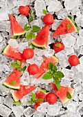 Watermelon and fresh mint on ice cubes