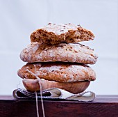 A stack of Vinschgauer bread (rye-wheat sour dough) with caraway