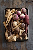 Assorted root vegetables on a baking tray