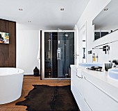 An elegant bathroom with a steam sauna