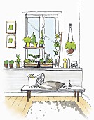 Illustration: a window design with a shelf for indoor plants