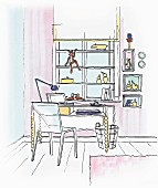 Illustration: a window shelving unit in front of a desk