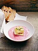 Beetroot soup with pan-fried zander fillet