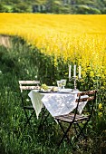 A romantic candlelight dinner by a field of flowering oilseed rape