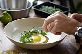 Decorating a fried egg with Blue Ocean cress