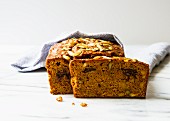Sliced pumpkin and walnut bread with chocolate chips