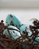 Blue macarons in a chocolate nest