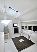 Skylight, shower area and free-standing white bathtub in attic bathroom