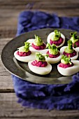 Eggs stuffed with beetroot and avocado