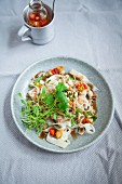 Vegan rice noodles with tofu bolognese, chilli and coriander
