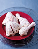 Raw chicken bits for barbecuing on a plate